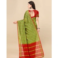Women's Cotton Silk Checkered Saree With Unstitched Blouse 5.5Mtr (Green) - Green