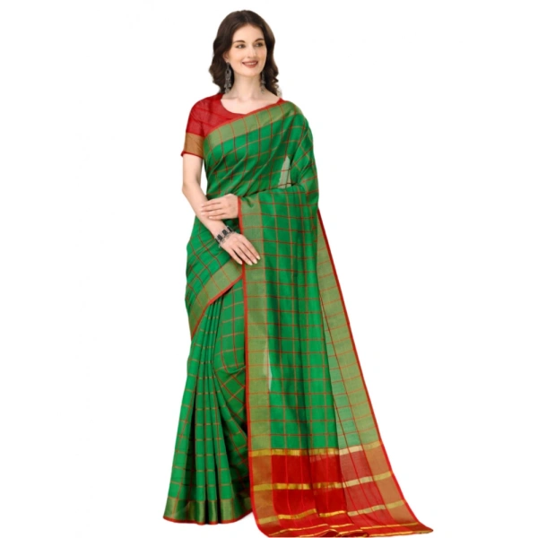 Women's Cotton Silk Checkered Saree With Unstitched Blouse 5.5Mtr (Dark Green) - Dark Green