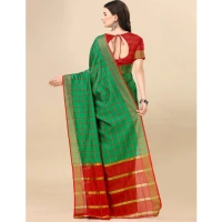 Women's Cotton Silk Checkered Saree With Unstitched Blouse 5.5Mtr (Dark Green) - Dark Green
