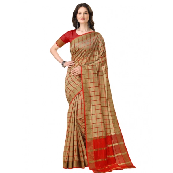 Women's Cotton Silk Checkered Saree With Unstitched Blouse 5.5Mtr (Brown) - Brown