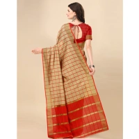 Women's Cotton Silk Checkered Saree With Unstitched Blouse 5.5Mtr (Brown) - Brown
