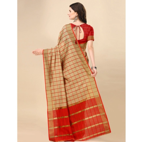 Women's Cotton Silk Checkered Saree With Unstitched Blouse 5.5Mtr (Brown) - Brown