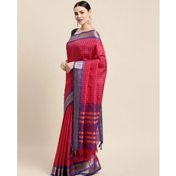 Generic Women's Cotton Silk Checkered Saree With Unstitched Blouse 5.5Mtr (Red) - Red