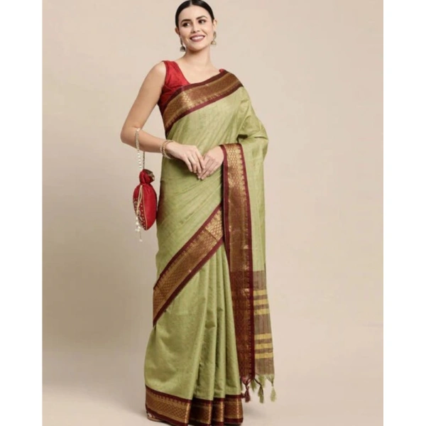 Generic Women's Cotton Silk Checkered Saree With Unstitched Blouse 5.5Mtr (olive) - Olive