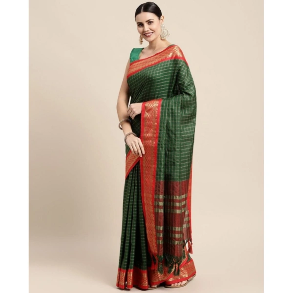 Generic Women's Cotton Silk Checkered Saree With Unstitched Blouse 5.5Mtr (B Green) - BGreen