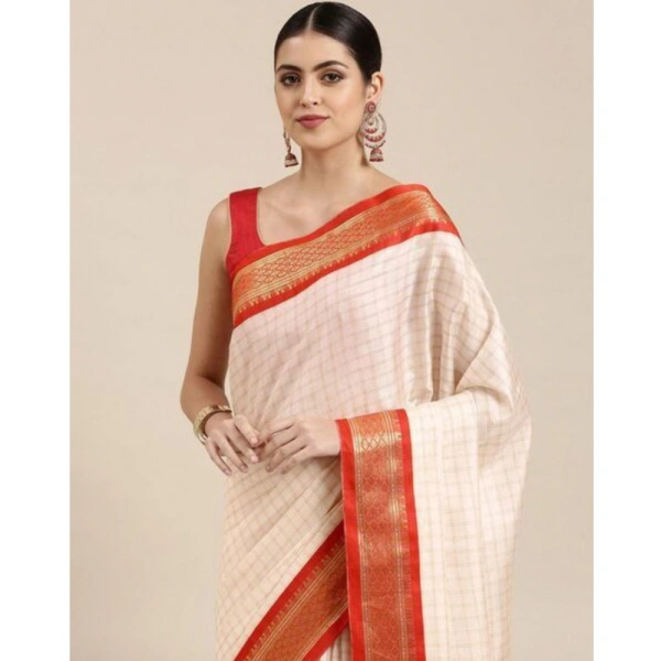 Generic Women's Cotton Silk Checkered Saree With Unstitched Blouse 5.5Mtr (Red) - Red