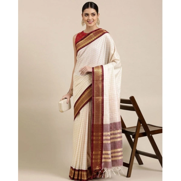 Generic Women's Cotton Silk Checkered Saree With Unstitched Blouse 5.5Mtr (Maroon) - Maroon