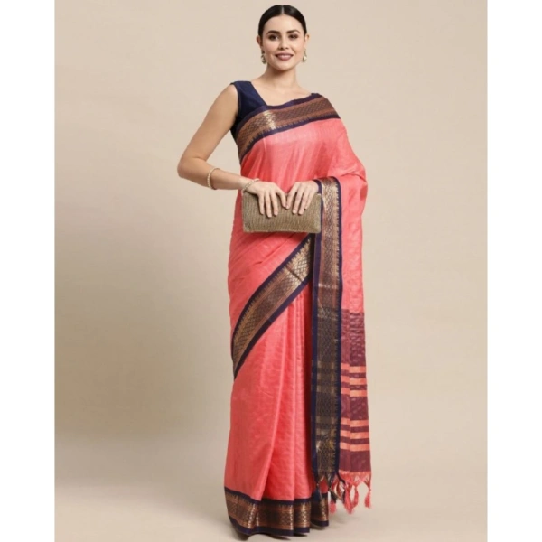 Generic Women's Cotton Silk Checkered Saree With Unstitched Blouse 5.5Mtr (Pink) - Pink