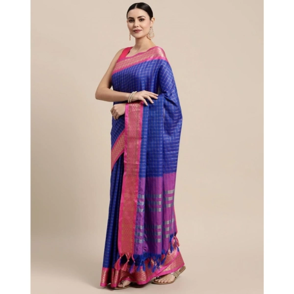 Generic Women's Cotton Silk Checkered Saree With Unstitched Blouse 5.5Mtr (R Blue) - RBlue