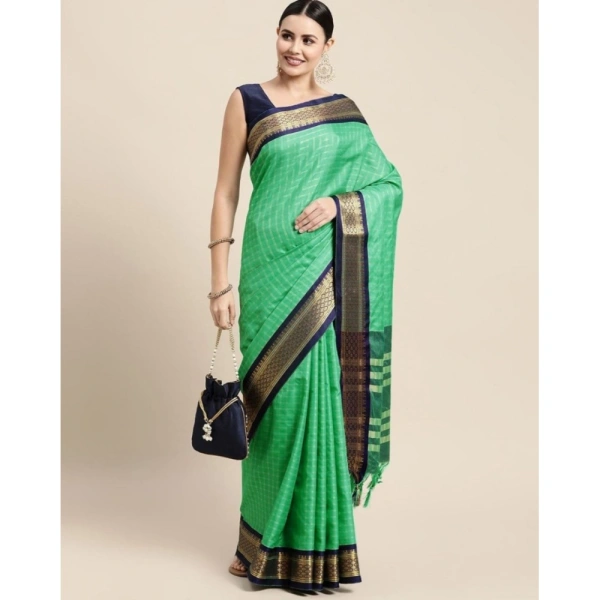 Generic Women's Cotton Silk Checkered Saree With Unstitched Blouse 5.5Mtr (Green) - Green
