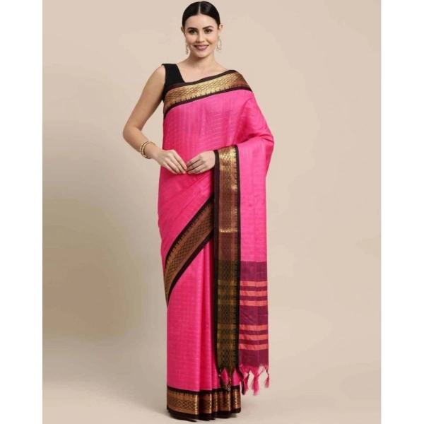 Generic Women's Cotton Silk Checkered Saree With Unstitched Blouse 5.5Mtr (Rani Black) - Rani Black