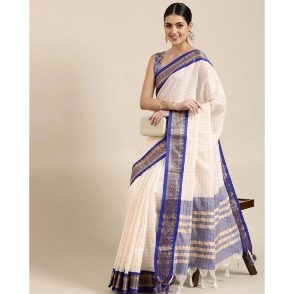 Generic Women's Cotton Silk Checkered Saree With Unstitched Blouse 5.5Mtr (R Blue) - RBlue