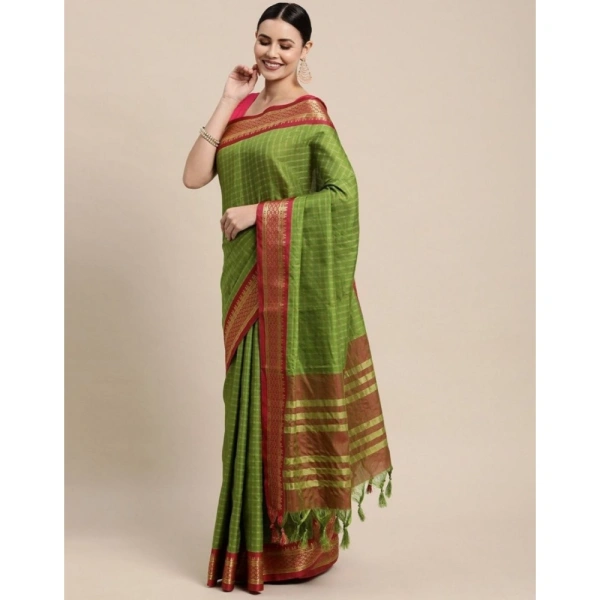 Generic Women's Cotton Silk Checkered Saree With Unstitched Blouse 5.5Mtr (Mehendi) - Mehendi