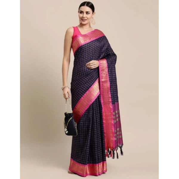 Generic Women's Cotton Silk Checkered Saree With Unstitched Blouse 5.5Mtr (Navy Blue) - Navy Blue