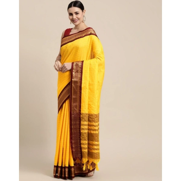 Generic Women's Cotton Silk Checkered Saree With Unstitched Blouse 5.5Mtr (Yellow) - Yellow