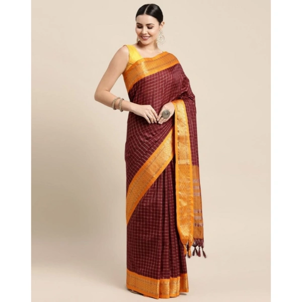 Generic Women's Cotton Silk Checkered Saree With Unstitched Blouse 5.5Mtr (Coffee) - Coffee