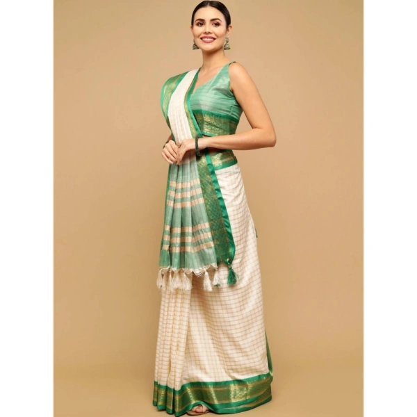 Generic Women's Cotton Silk Checkered Saree With Unstitched Blouse 5.5Mtr (Green) - Green