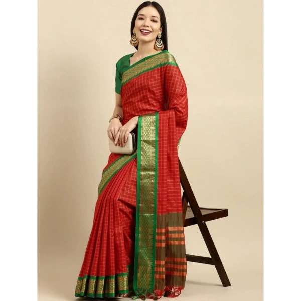 Generic Women's Cotton Silk Checkered Saree With Unstitched Blouse 5.5Mtr (Red) - Red
