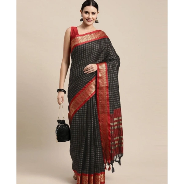 Generic Women's Cotton Silk Checkered Saree With Unstitched Blouse 5.5Mtr (Black) - Black