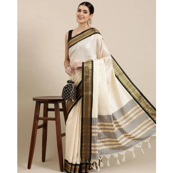 Generic Women's Cotton Silk Checkered Saree With Unstitched Blouse 5.5Mtr (Black) - Black