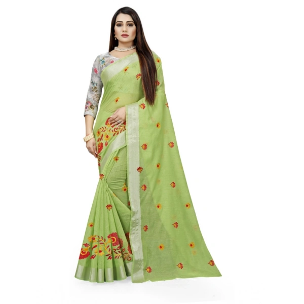 Women's Cotton Silk Embroidered Saree With Unstitched Blouse 5.5Mtr (Light Green) - Light Green