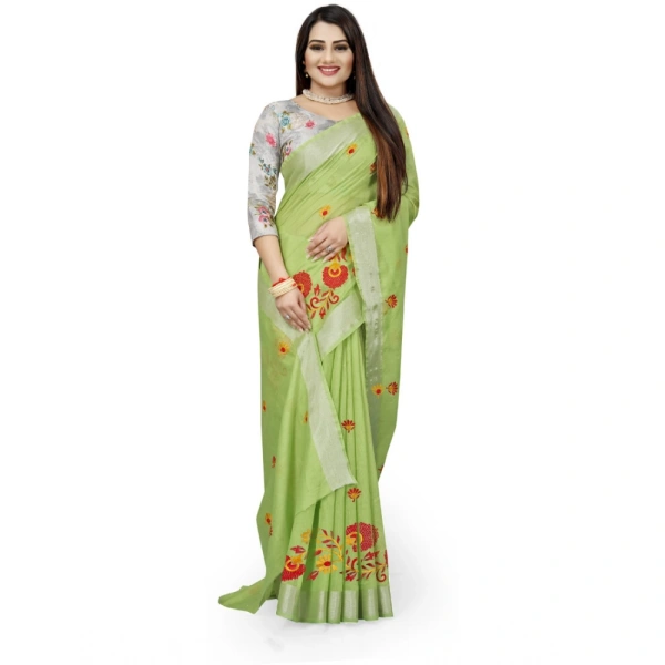 Women's Cotton Silk Embroidered Saree With Unstitched Blouse 5.5Mtr (Light Green) - Light Green