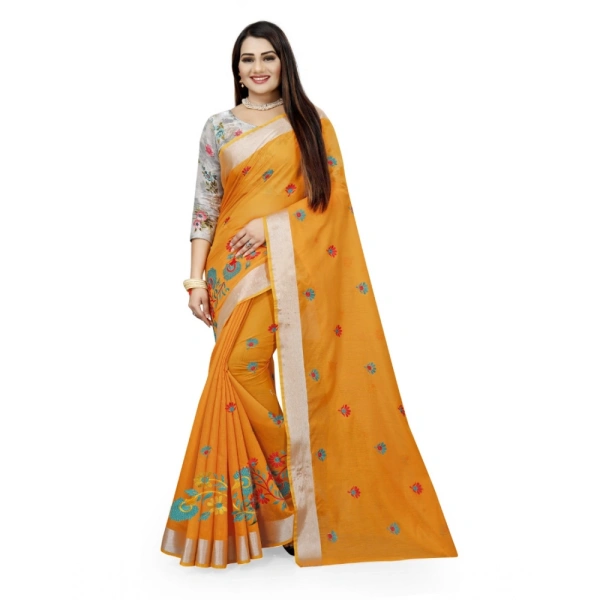 Women's Cotton Silk Embroidered Saree With Unstitched Blouse 5.5Mtr (Yellow) - Yellow