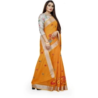 Women's Cotton Silk Embroidered Saree With Unstitched Blouse 5.5Mtr (Yellow) - Yellow