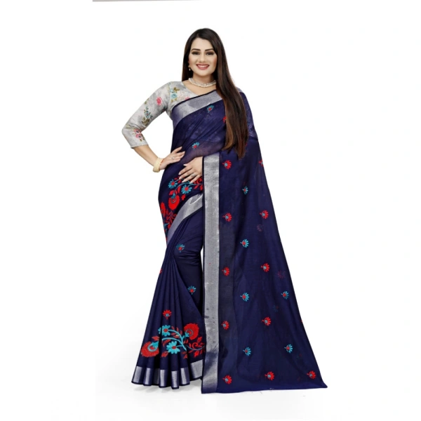 Women's Cotton Silk Embroidered Saree With Unstitched Blouse 5.5Mtr (Dark Blue) - Dark Blue