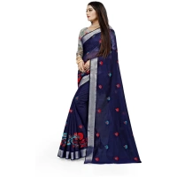 Women's Cotton Silk Embroidered Saree With Unstitched Blouse 5.5Mtr (Dark Blue) - Dark Blue