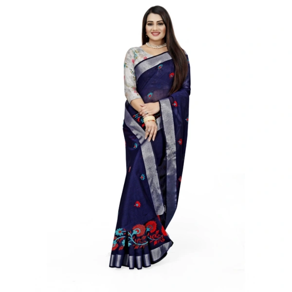 Women's Cotton Silk Embroidered Saree With Unstitched Blouse 5.5Mtr (Dark Blue) - Dark Blue