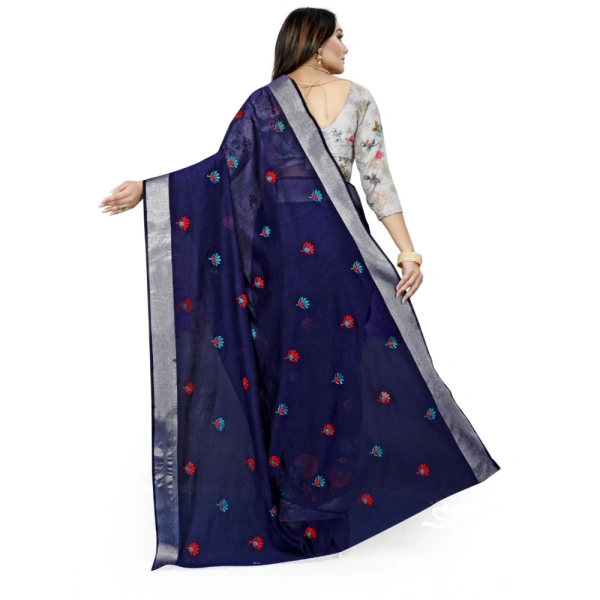 Women's Cotton Silk Embroidered Saree With Unstitched Blouse 5.5Mtr (Dark Blue) - Dark Blue
