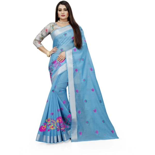 Women's Cotton Silk Embroidered Saree With Unstitched Blouse 5.5Mtr (Light Blue) - Light Blue