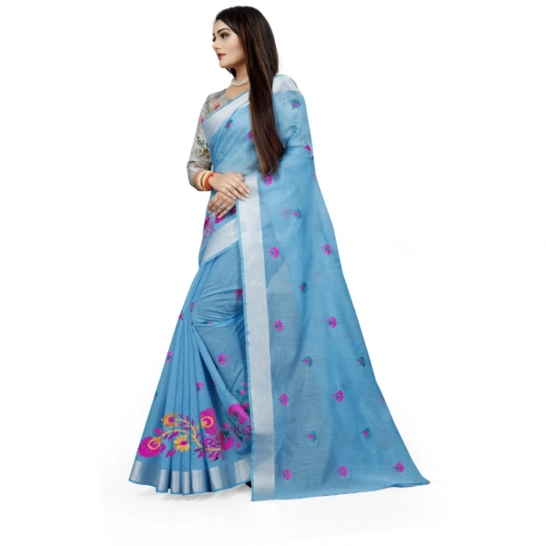 Women's Cotton Silk Embroidered Saree With Unstitched Blouse 5.5Mtr (Light Blue) - Light Blue