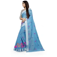 Women's Cotton Silk Embroidered Saree With Unstitched Blouse 5.5Mtr (Light Blue) - Light Blue