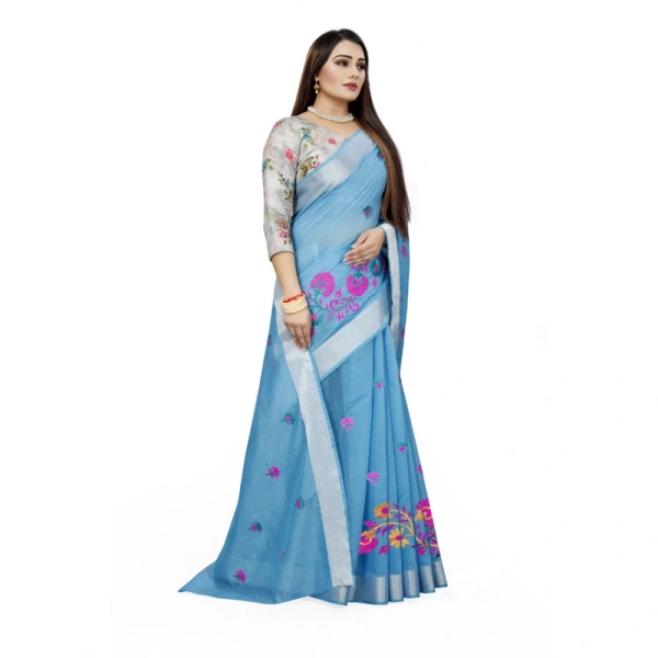 Women's Cotton Silk Embroidered Saree With Unstitched Blouse 5.5Mtr (Light Blue) - Light Blue
