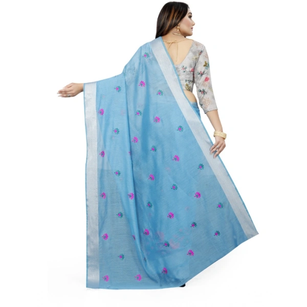 Women's Cotton Silk Embroidered Saree With Unstitched Blouse 5.5Mtr (Light Blue) - Light Blue