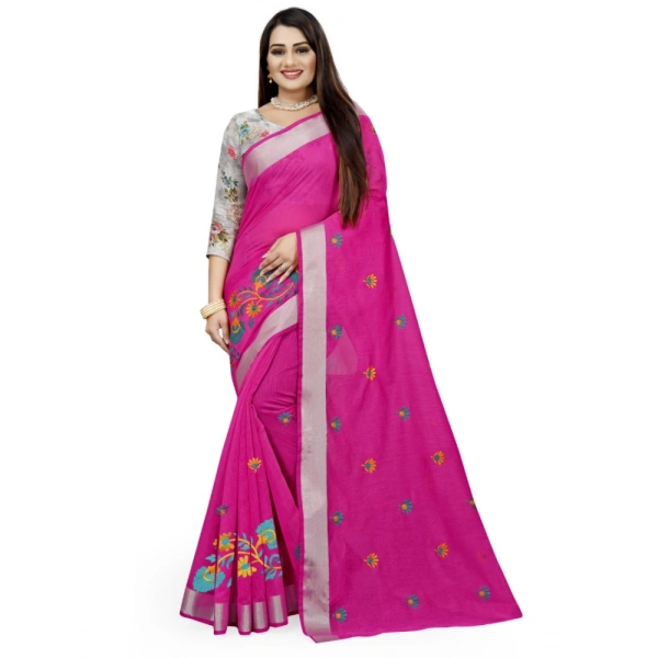 Women's Cotton Silk Embroidered Saree With Unstitched Blouse 5.5Mtr (Pink) - Pink