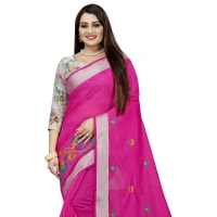 Women's Cotton Silk Embroidered Saree With Unstitched Blouse 5.5Mtr (Pink) - Pink
