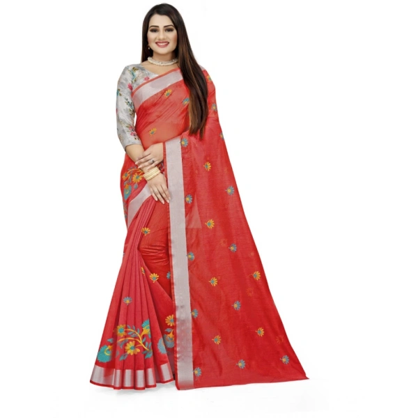 Women's Cotton Silk Embroidered Saree With Unstitched Blouse 5.5Mtr (Orange) - Orange