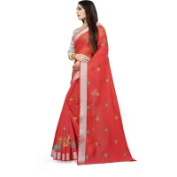 Women's Cotton Silk Embroidered Saree With Unstitched Blouse 5.5Mtr (Orange) - Orange