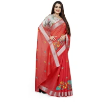 Women's Cotton Silk Embroidered Saree With Unstitched Blouse 5.5Mtr (Orange) - Orange