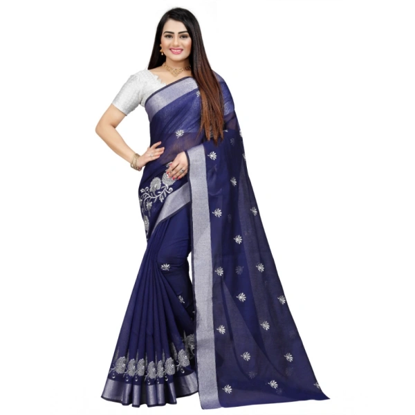 Women's Cotton Silk Embroidered Saree With Unstitched Blouse 5.5Mtr (Blue) - Blue