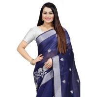 Women's Cotton Silk Embroidered Saree With Unstitched Blouse 5.5Mtr (Blue) - Blue