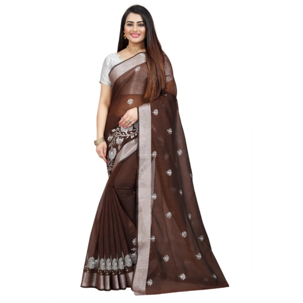 Women's Cotton Silk Embroidered Saree With Unstitched Blouse 5.5Mtr (Brown) - Brown