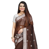 Women's Cotton Silk Embroidered Saree With Unstitched Blouse 5.5Mtr (Brown) - Brown