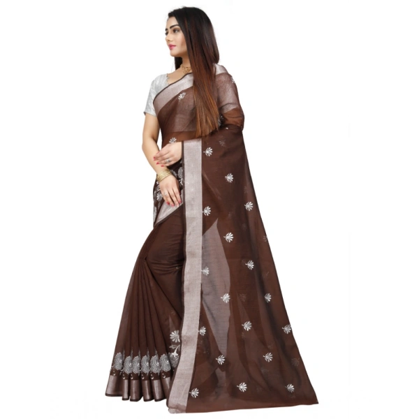 Women's Cotton Silk Embroidered Saree With Unstitched Blouse 5.5Mtr (Brown) - Brown