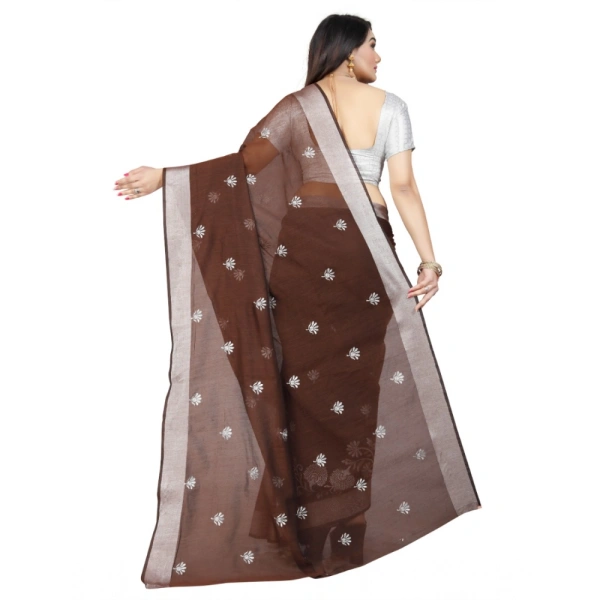 Women's Cotton Silk Embroidered Saree With Unstitched Blouse 5.5Mtr (Brown) - Brown