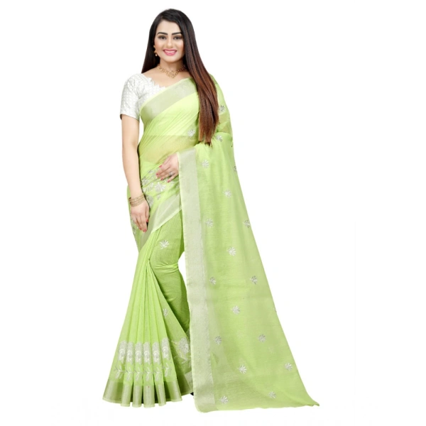 Women's Cotton Silk Embroidered Saree With Unstitched Blouse 5.5Mtr (Light Green) - Light Green