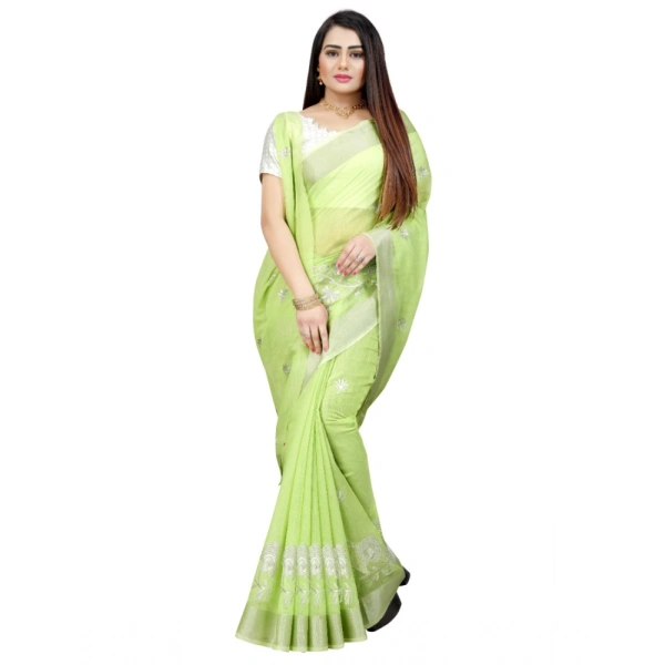 Women's Cotton Silk Embroidered Saree With Unstitched Blouse 5.5Mtr (Light Green) - Light Green